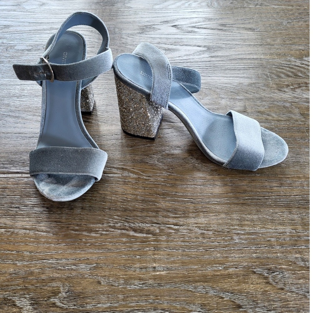 Divided H&M Light Blue Velvet Glitter Block Heel Sandals Ankle Strap Size 38